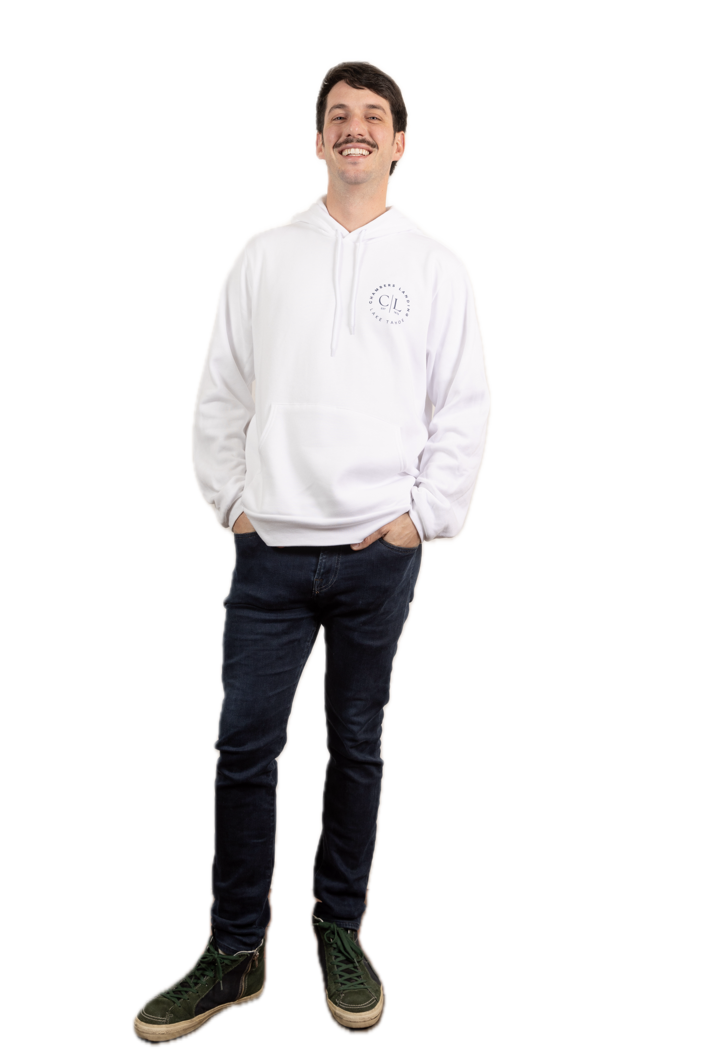 Chambers Unisex White Hoodie With Navy Blue Logo