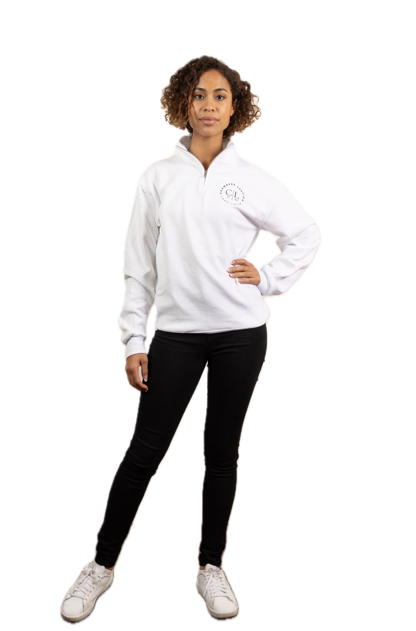 Chambers Unisex White 1/4 Zip Sweater With Navy Blue Logo