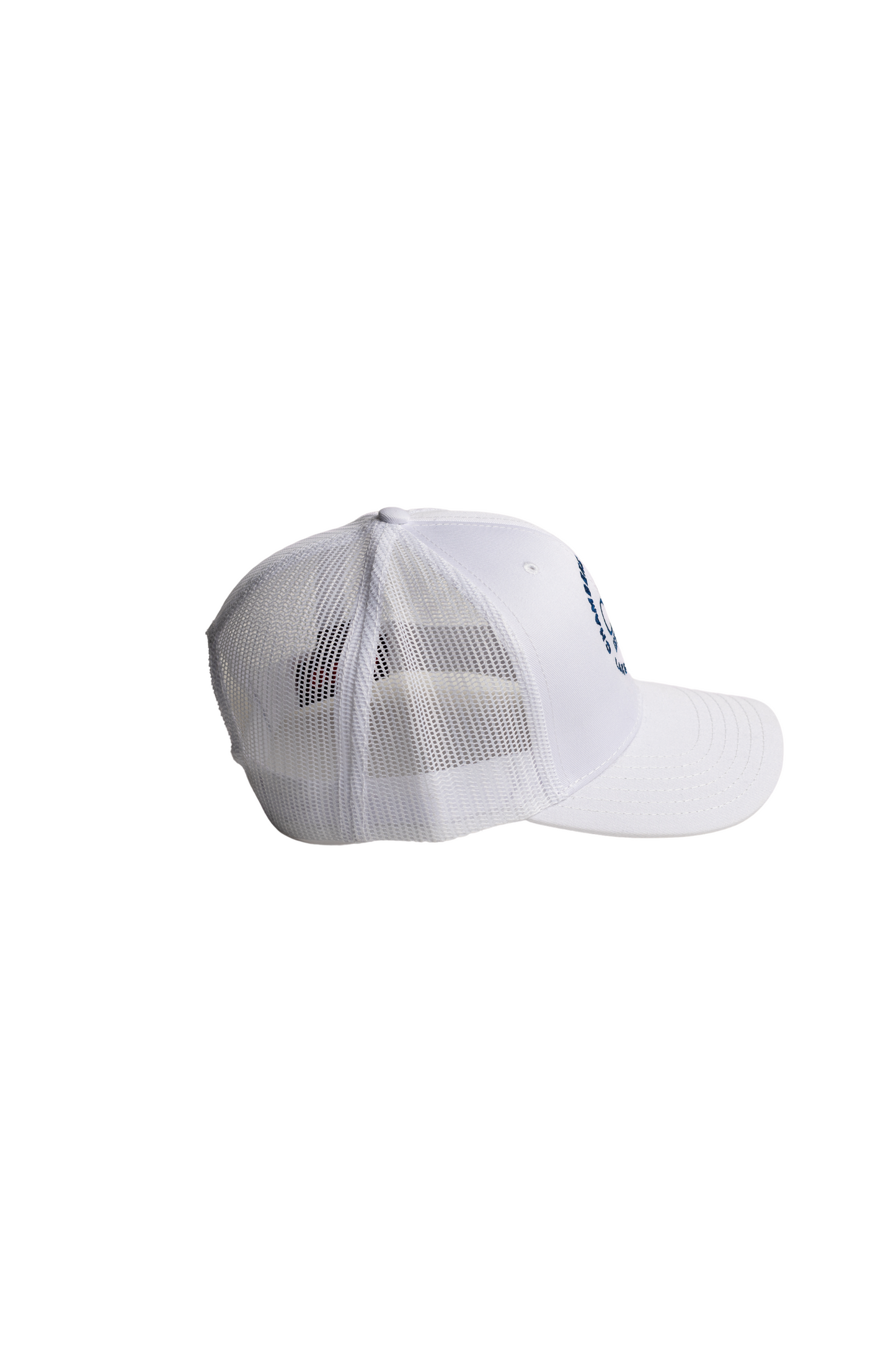 Chambers Unisex White Trucker Hat With Navy Blue Logo