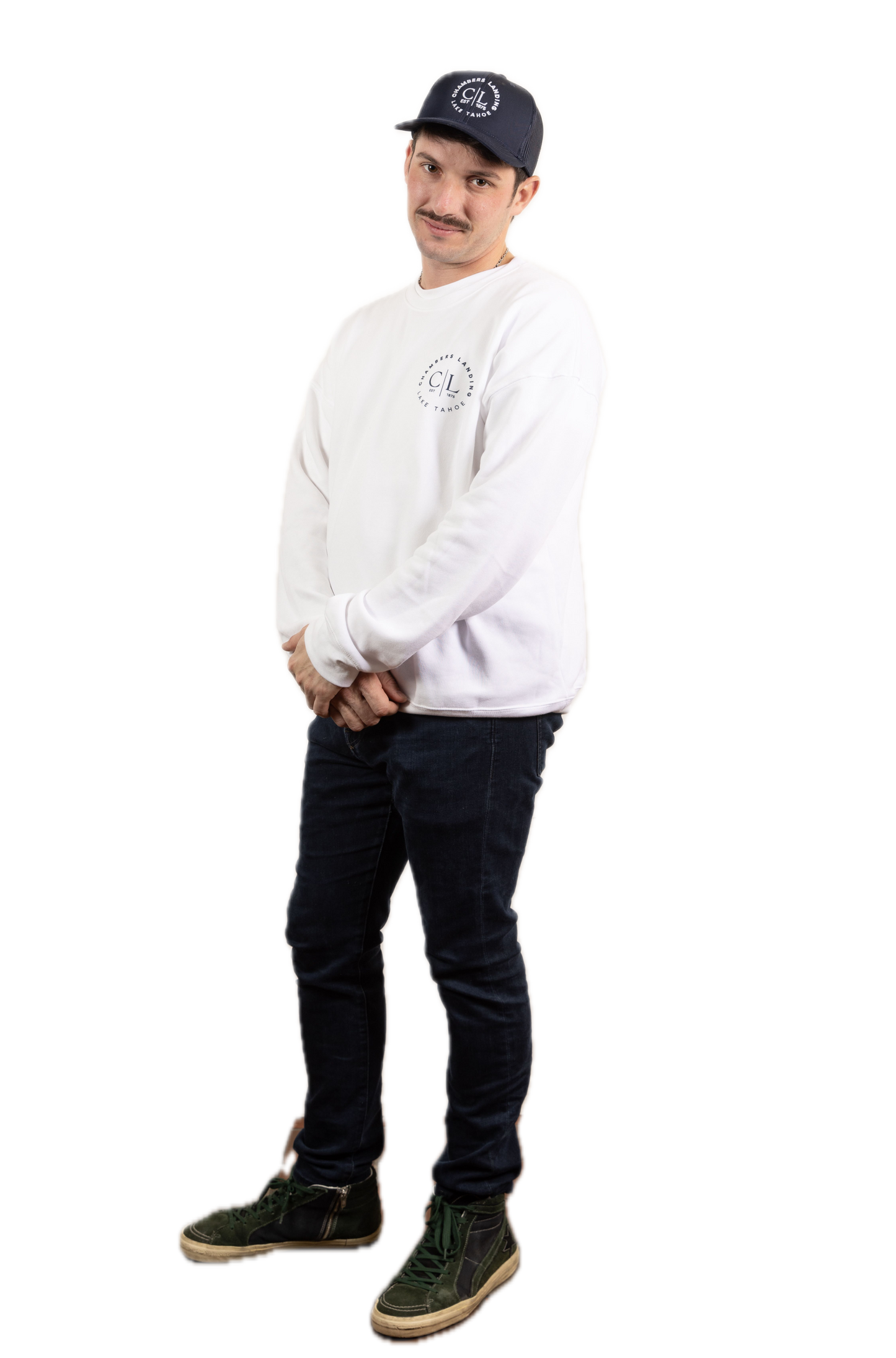 Chambers Unisex White Crewneck Sweater With Navy Blue Logo