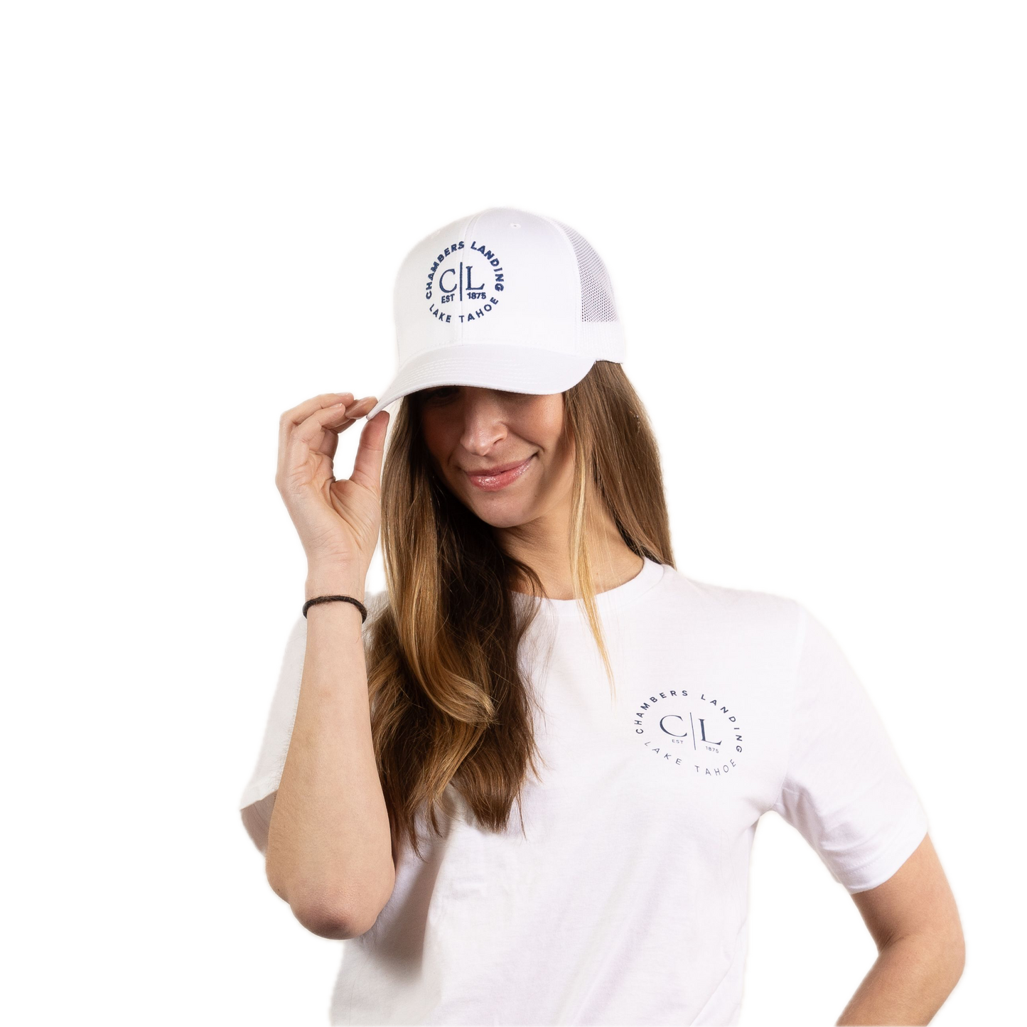 Chambers Unisex White Trucker Hat With Navy Blue Logo