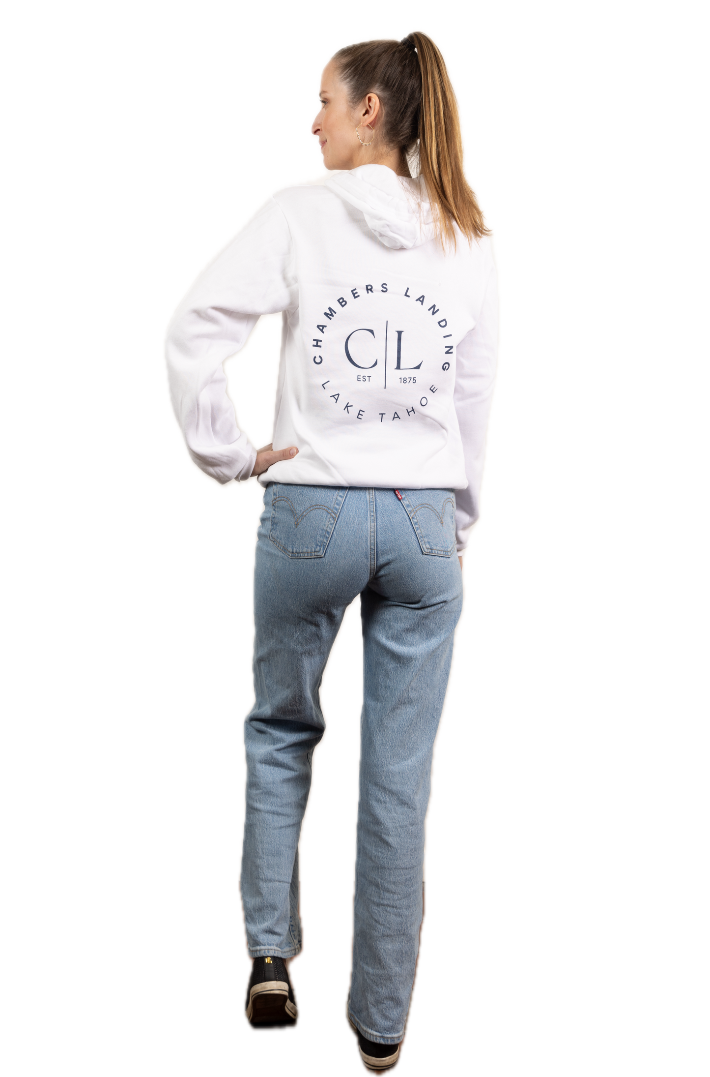 Chambers Unisex White Hoodie With Navy Blue Logo