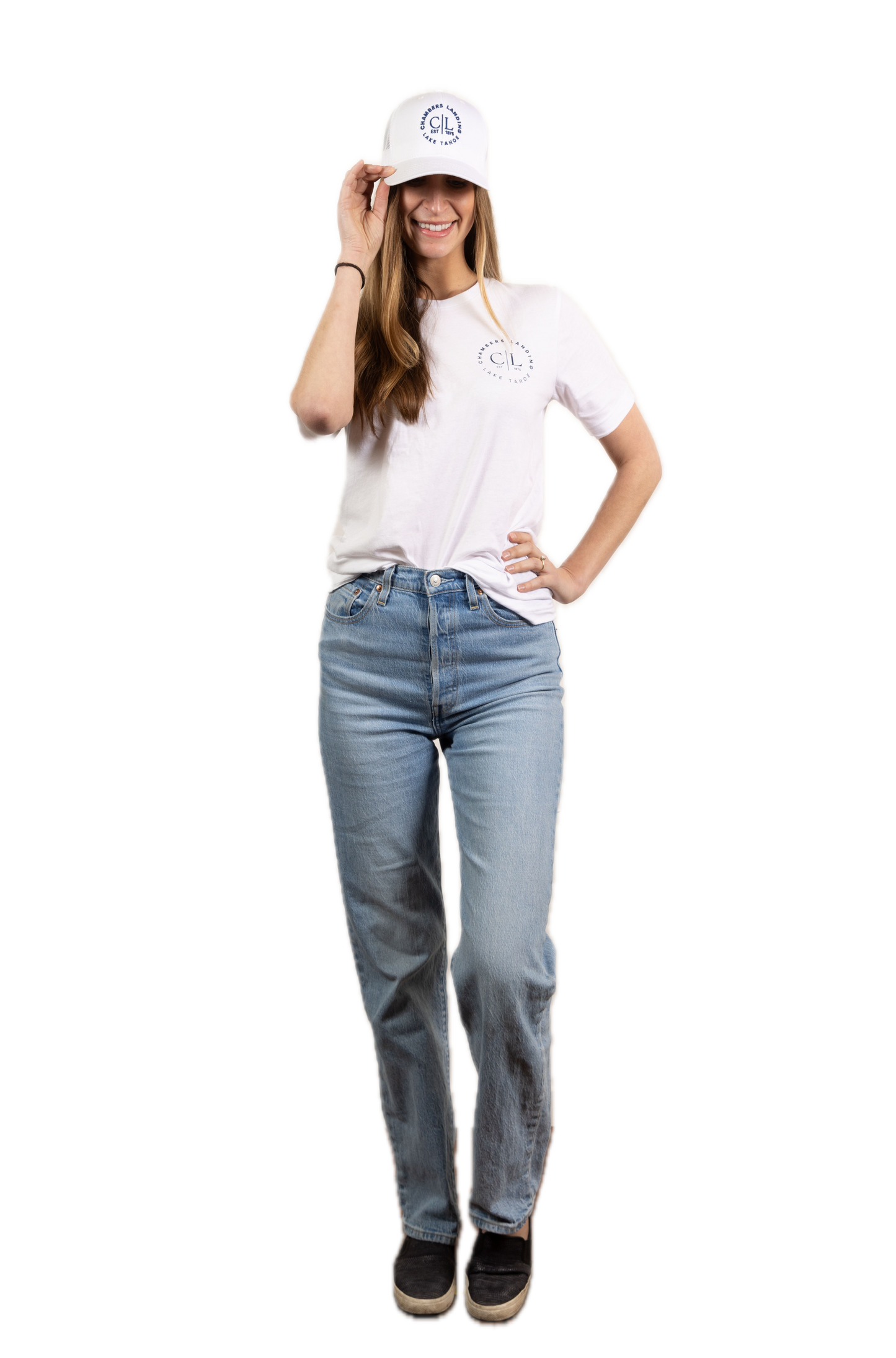 Chambers Unisex White Trucker Hat With Navy Blue Logo