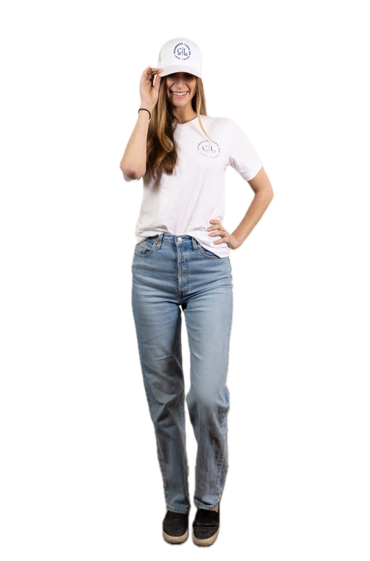 Chambers Unisex White Trucker Hat With Navy Blue Logo