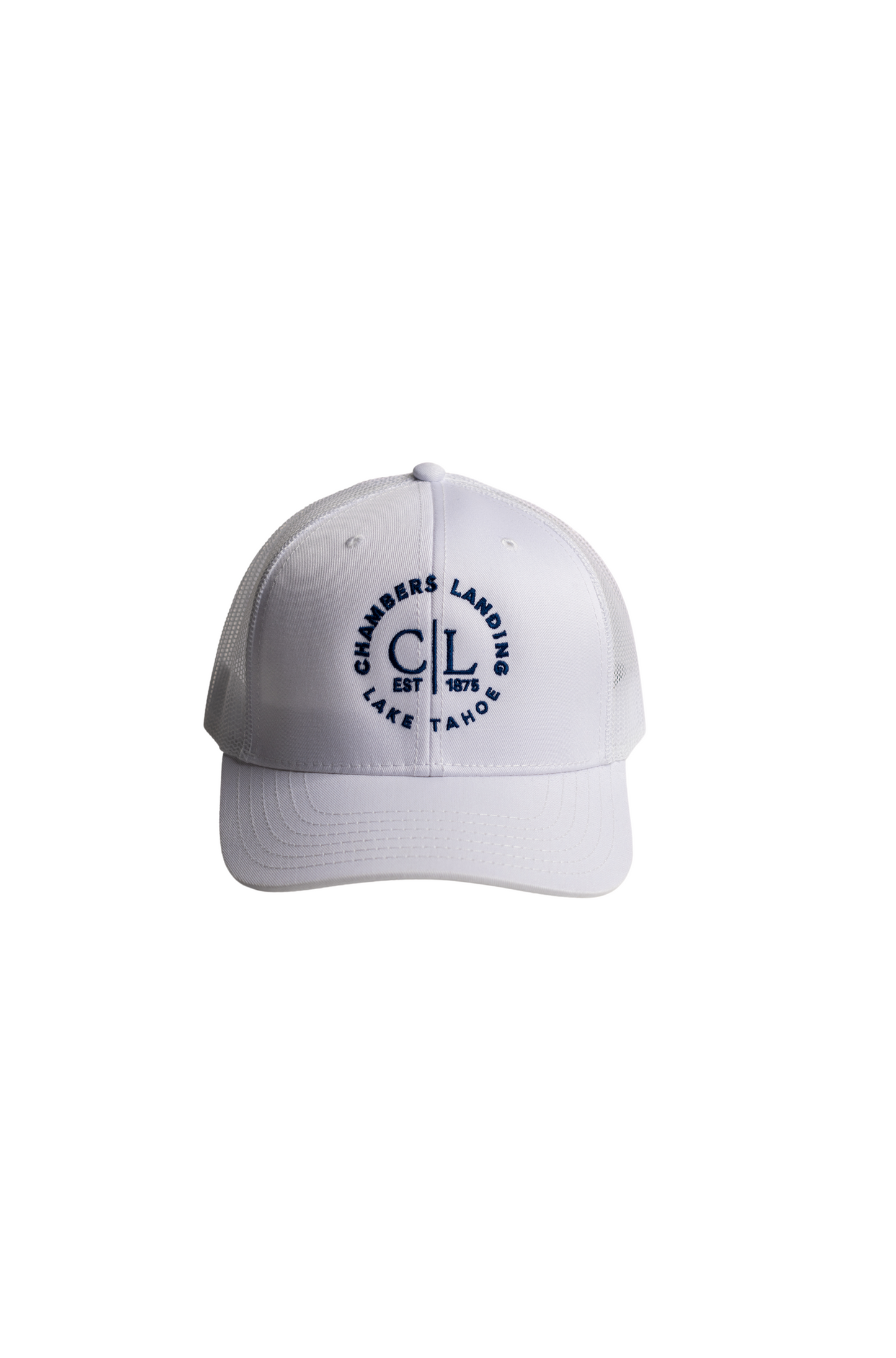 Chambers Unisex White Trucker Hat With Navy Blue Logo