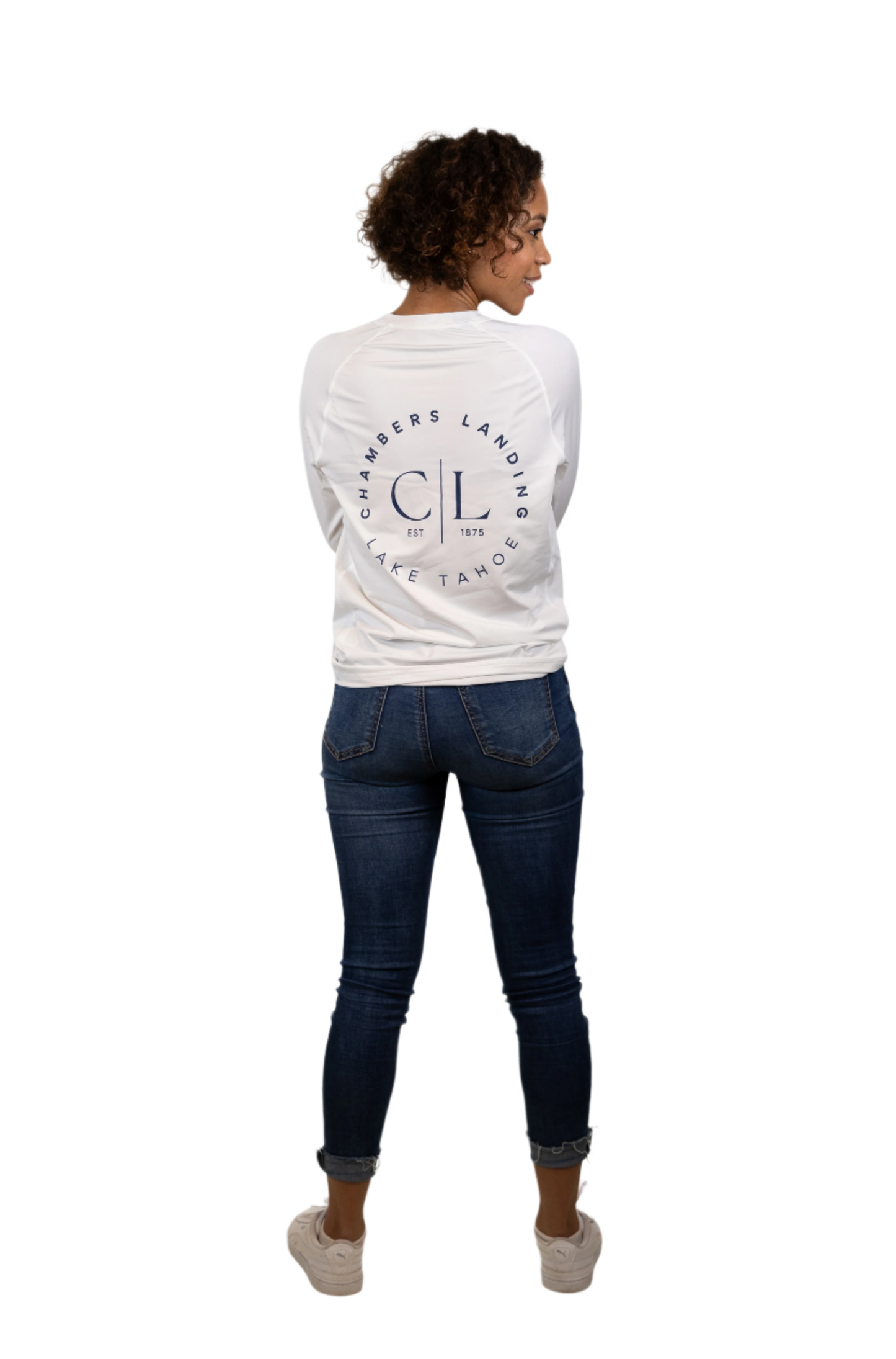 Chambers Unisex White Rash Guard With Navy Logo