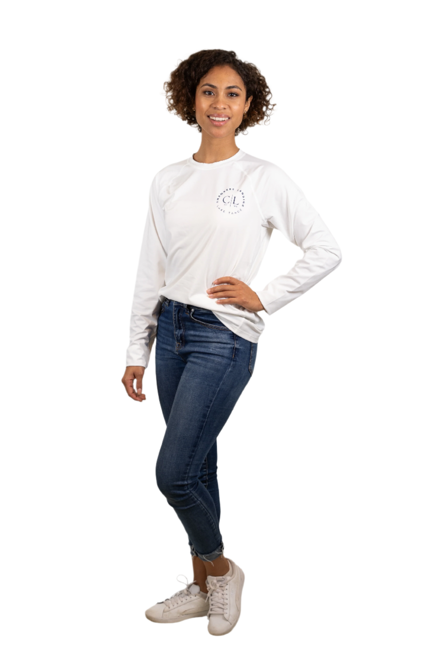 Chambers Unisex White Rash Guard With Navy Logo