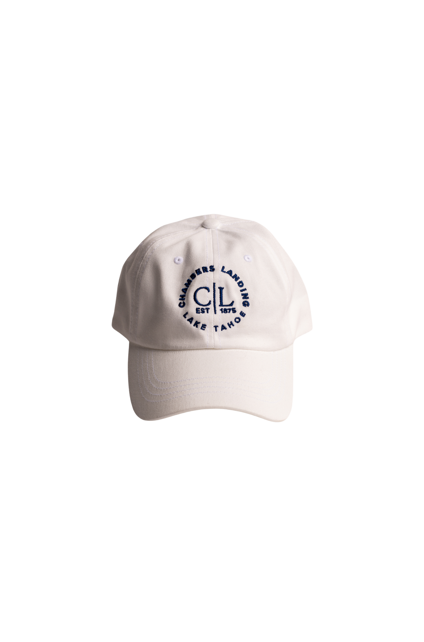 Chambers Unisex White Baseball Cap With Navy Blue Logo