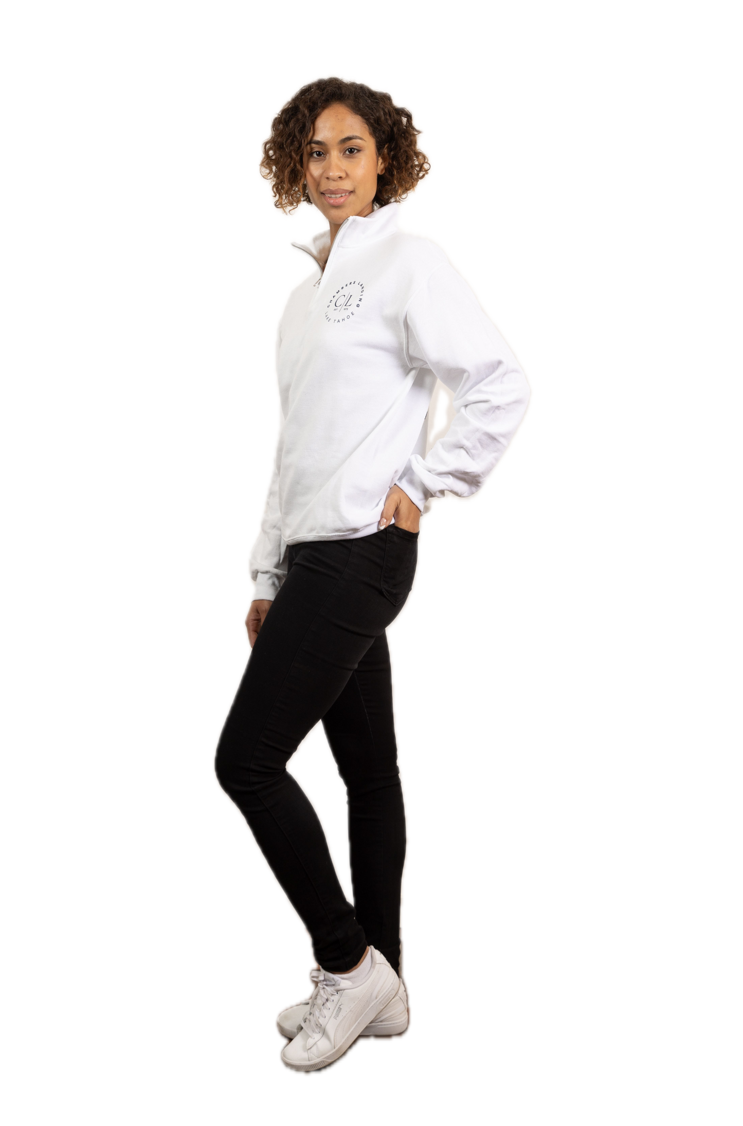 Chambers Unisex White 1/4 Zip Sweater With Navy Blue Logo