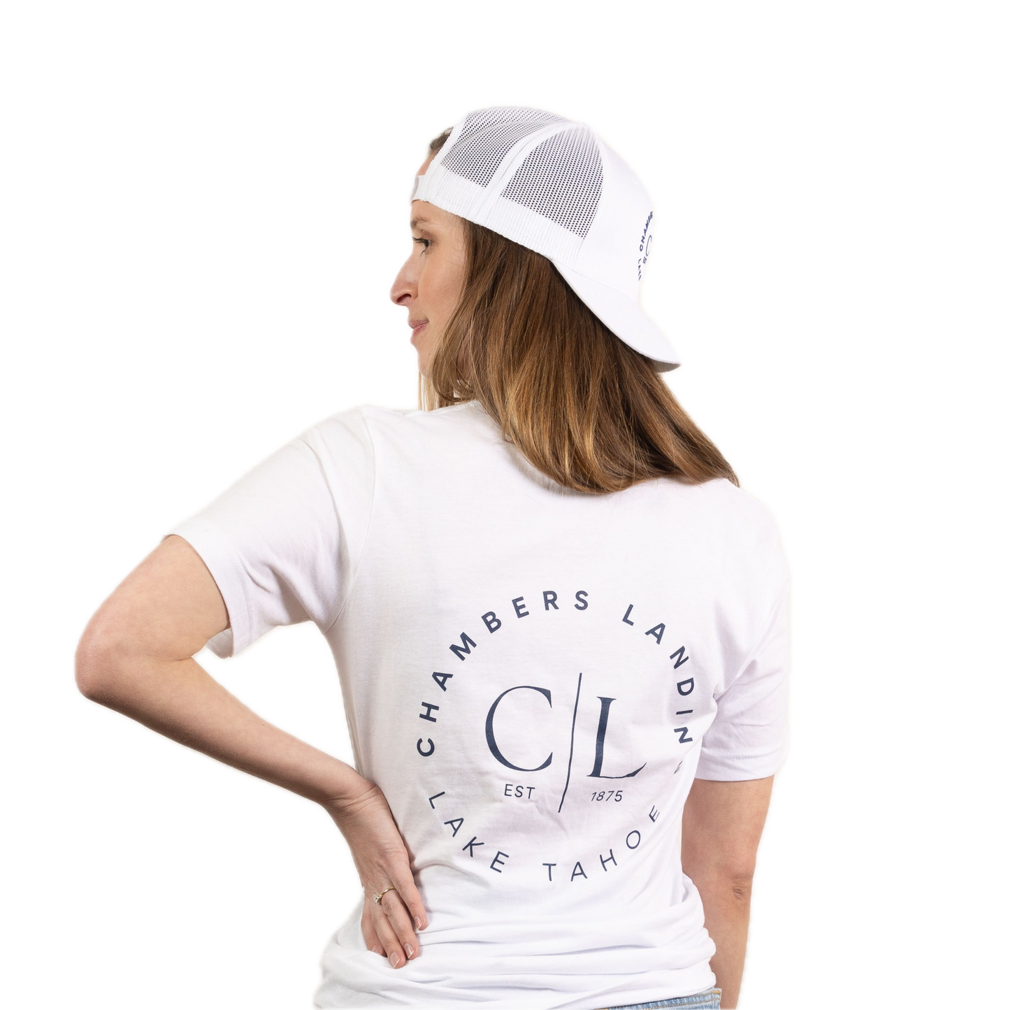 Chambers Unisex White Trucker Hat With Navy Blue Logo