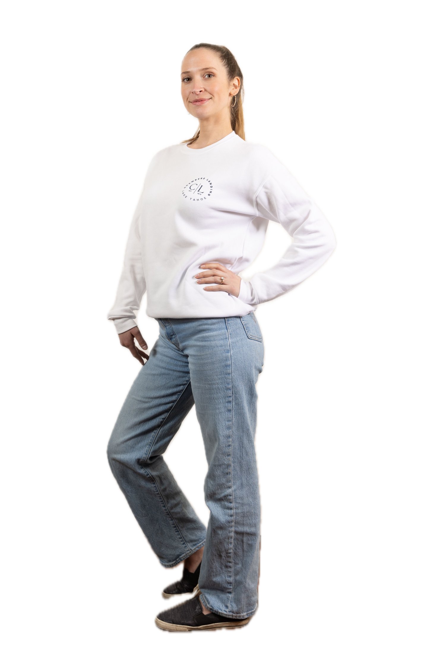 Chambers Unisex White Crewneck Sweater With Navy Blue Logo